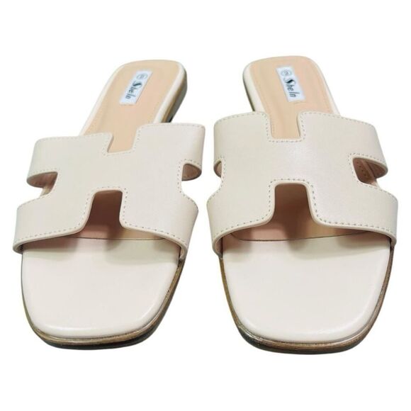 Cream H-Cutout Faux Leather Slide Sandals - Picture 2 of 7